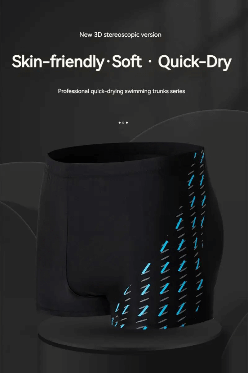 Black quick dry swim trunks with blue print, showcasing stylish and functional design for men's beachwear.