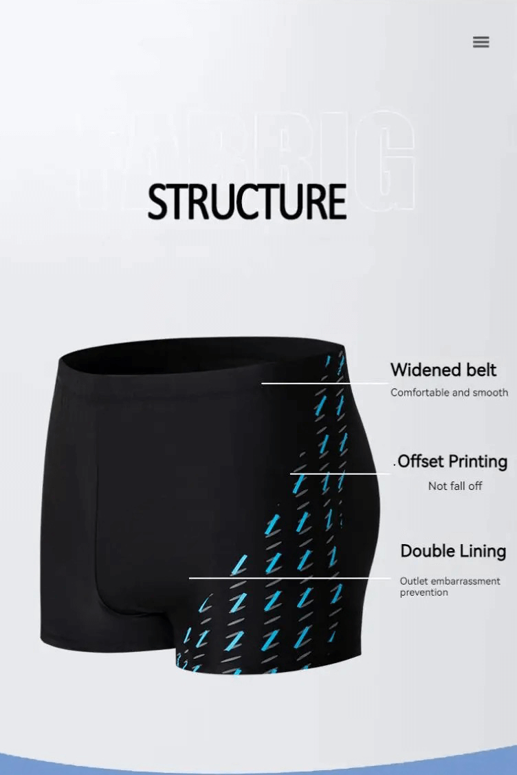 Black swim trunks with blue offset print, featuring a widened belt for comfort and double lining to prevent embarrassment.