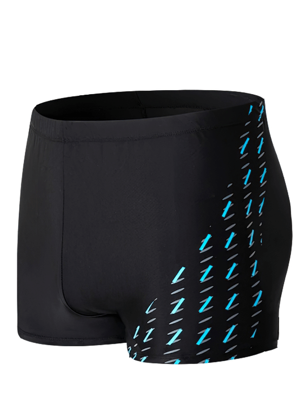 Men's quick dry swim trunks with vibrant geometric print, soft and stylish beach shorts.