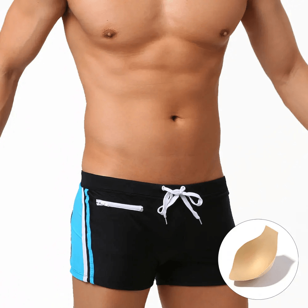 Quick-Dry Swim Trunks with Zipper Pocket - SF4714 showcasing square leg design and side zipper pocket.
