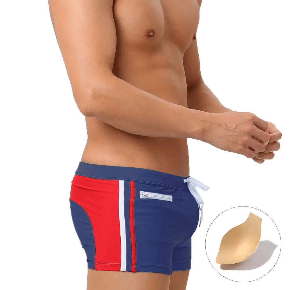 Quick-Dry Swim Trunks with Zipper Pocket - SF4714, stylish men's swimwear with adjustable drawstring and side zipper pocket.