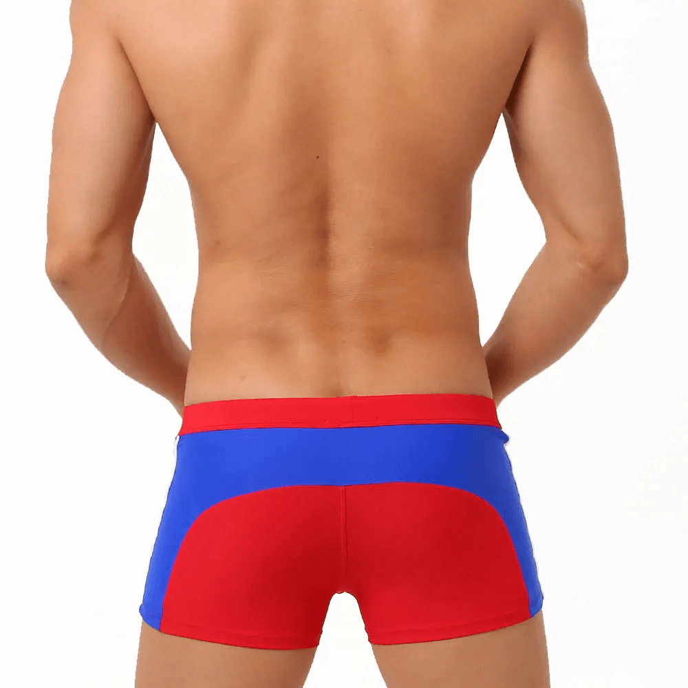 Quick-Dry Swim Trunks with Zipper Pocket - SF4714 in red and blue from the back, showcasing square leg design and sleek fit.