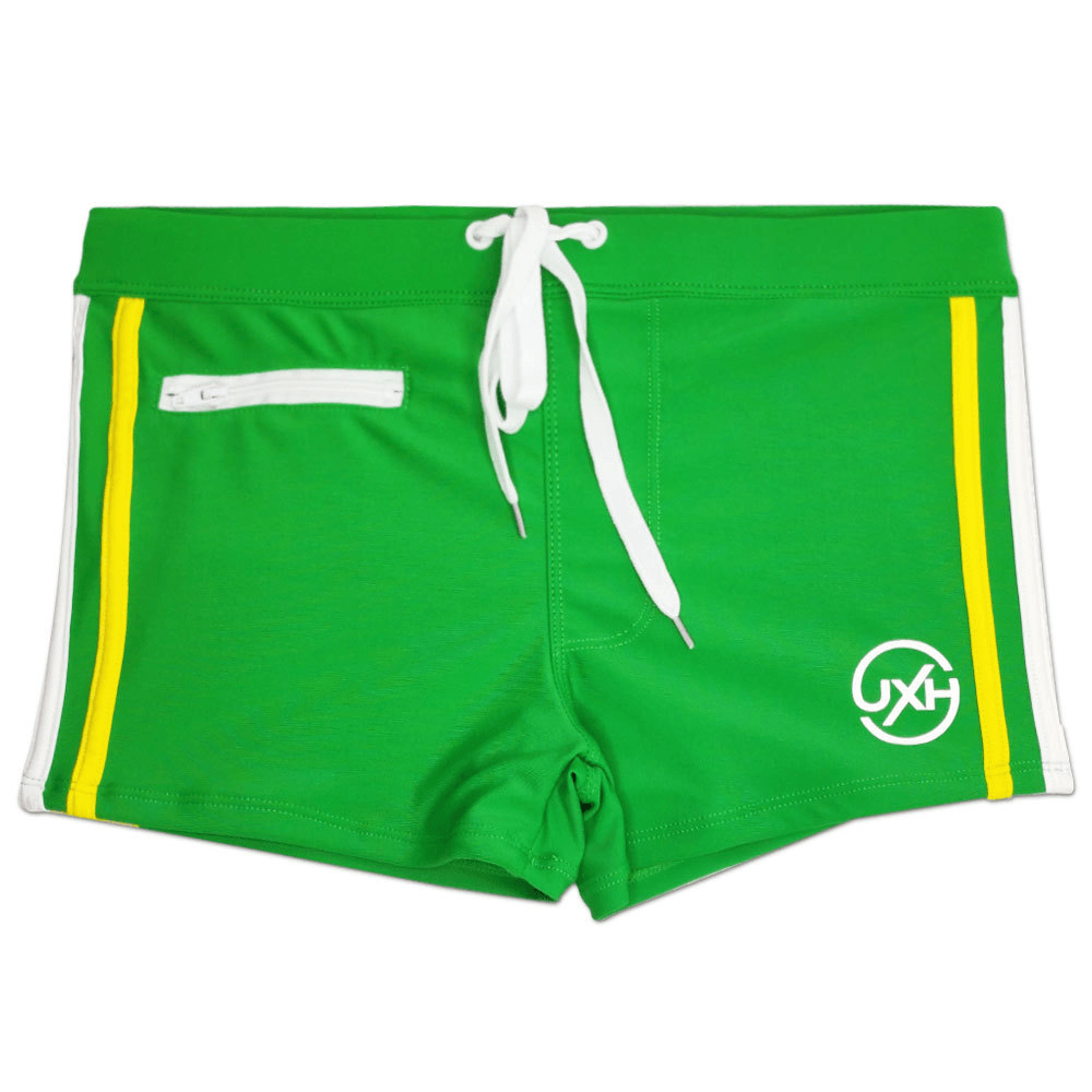 Quick-Dry Swim Trunks with Zipper Pocket - SF4714 in vibrant green with contrast stripes and zipper pocket.
