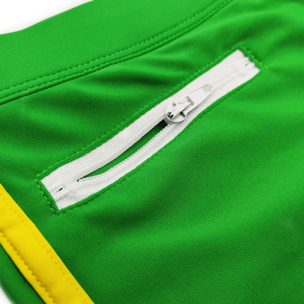 Quick-Dry Swim Trunks with Zipper Pocket - SF4714 close-up of green fabric with white zipper pocket.