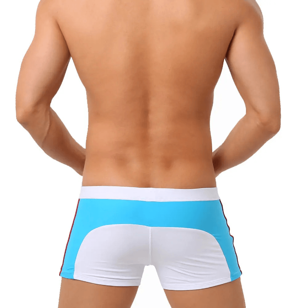 Quick-Dry Swim Trunks with Zipper Pocket - SF4714 in blue and white, showcasing the back view and drawstring waist design.