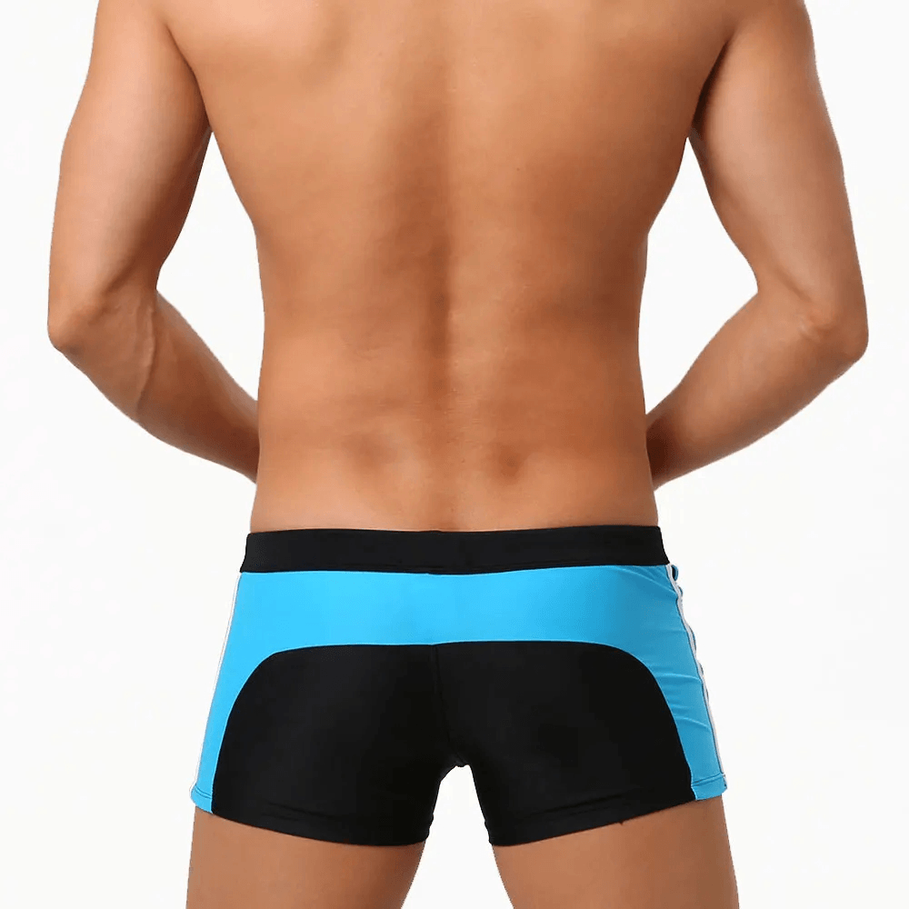 Quick-Dry Swim Trunks with Zipper Pocket - SF4714 back view showcasing sleek design and vibrant color contrast.
