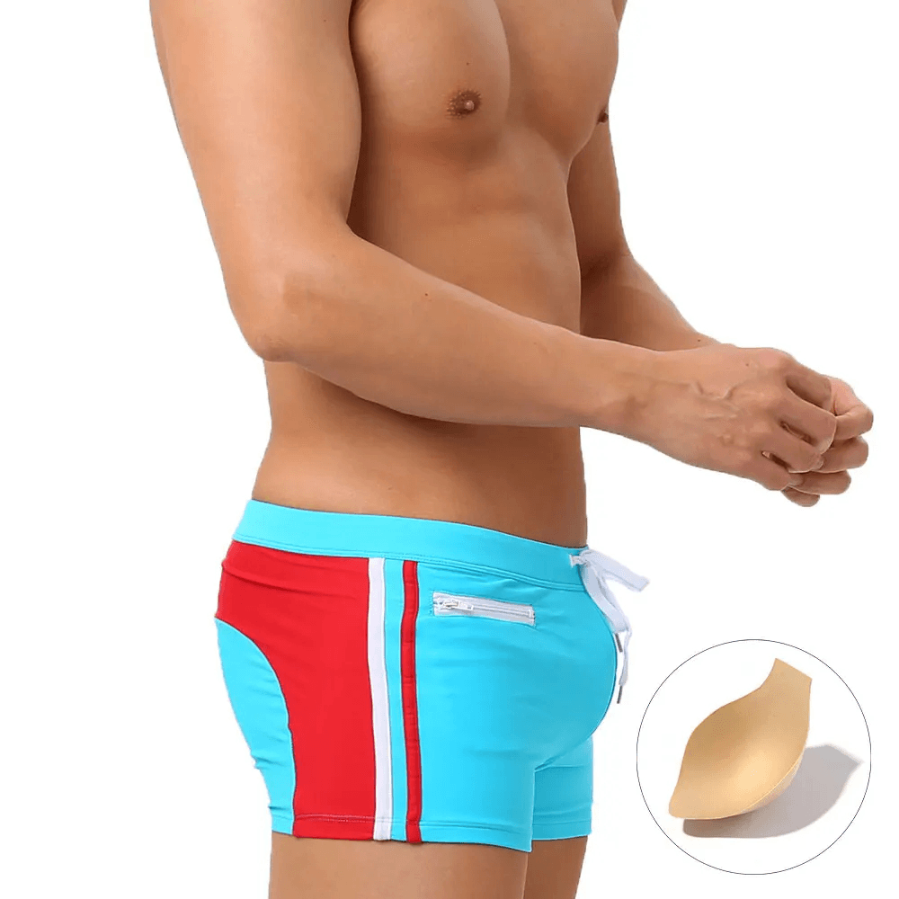 Quick-Dry Swim Trunks with Zipper Pocket - SF4714 in blue and red showcasing a side zipper pocket and square-leg design.