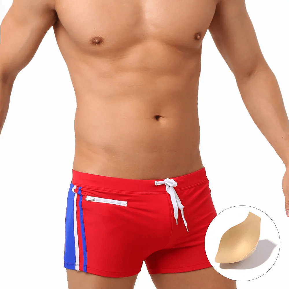 Quick-Dry Swim Trunks with Zipper Pocket - SF4714 in red with blue stripes and a front zipper pocket.