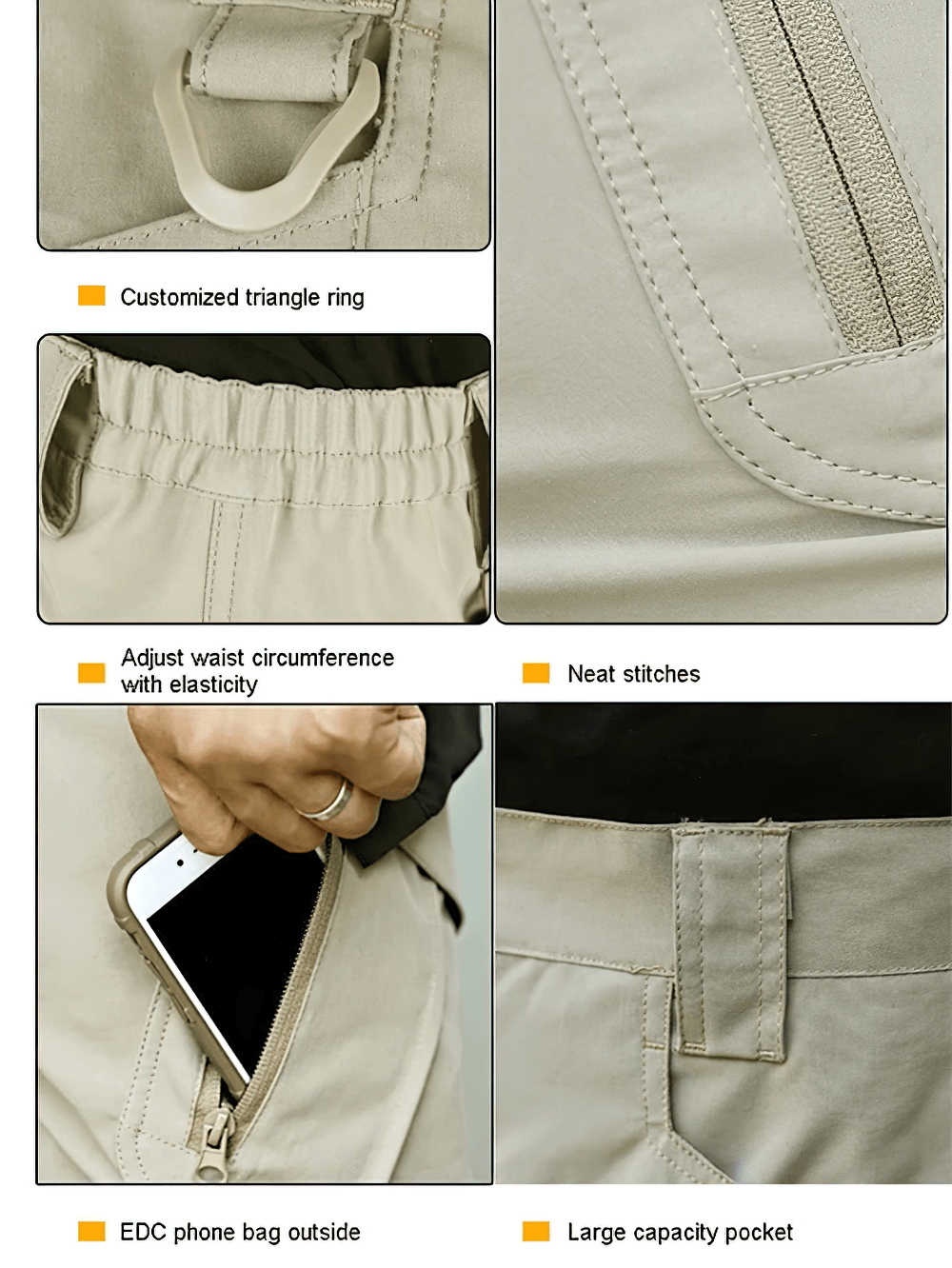 Alt Tag: Quick Dry Tactical Cargo Shorts with Zip Pockets - SF4513 features zip pocket, elastic waist adjust, neat stitching, triangle ring, large pocket