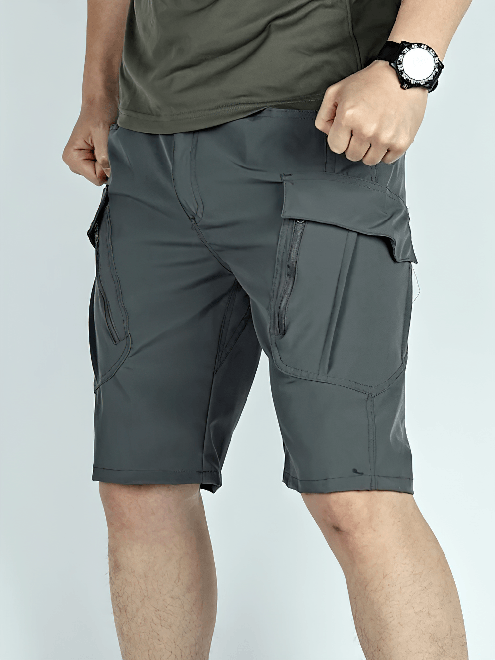 Alt Tag: Quick Dry Tactical Cargo Shorts with Zip Pockets - SF4513 gray men’s hiking shorts with zip cargo pockets and elastic waist