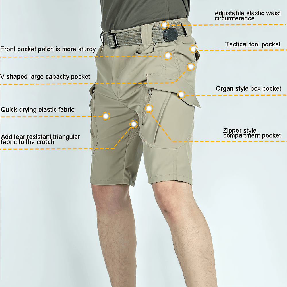 Alt Tag: Quick Dry Tactical Cargo Shorts with Zip Pockets - SF4513 in khaki with elastic waist and zip cargo pockets, quick-dry hiking shorts