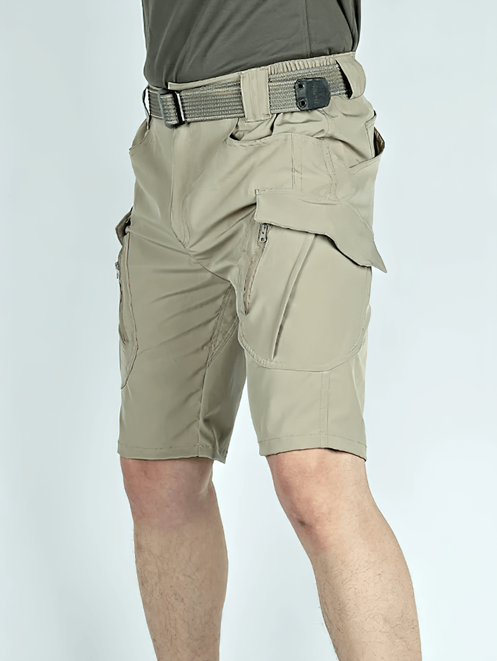 Alt Tag: Quick Dry Tactical Cargo Shorts with Zip Pockets - SF4513 in khaki, elastic waist, cargo flap pocket and zip pocket for outdoor utility