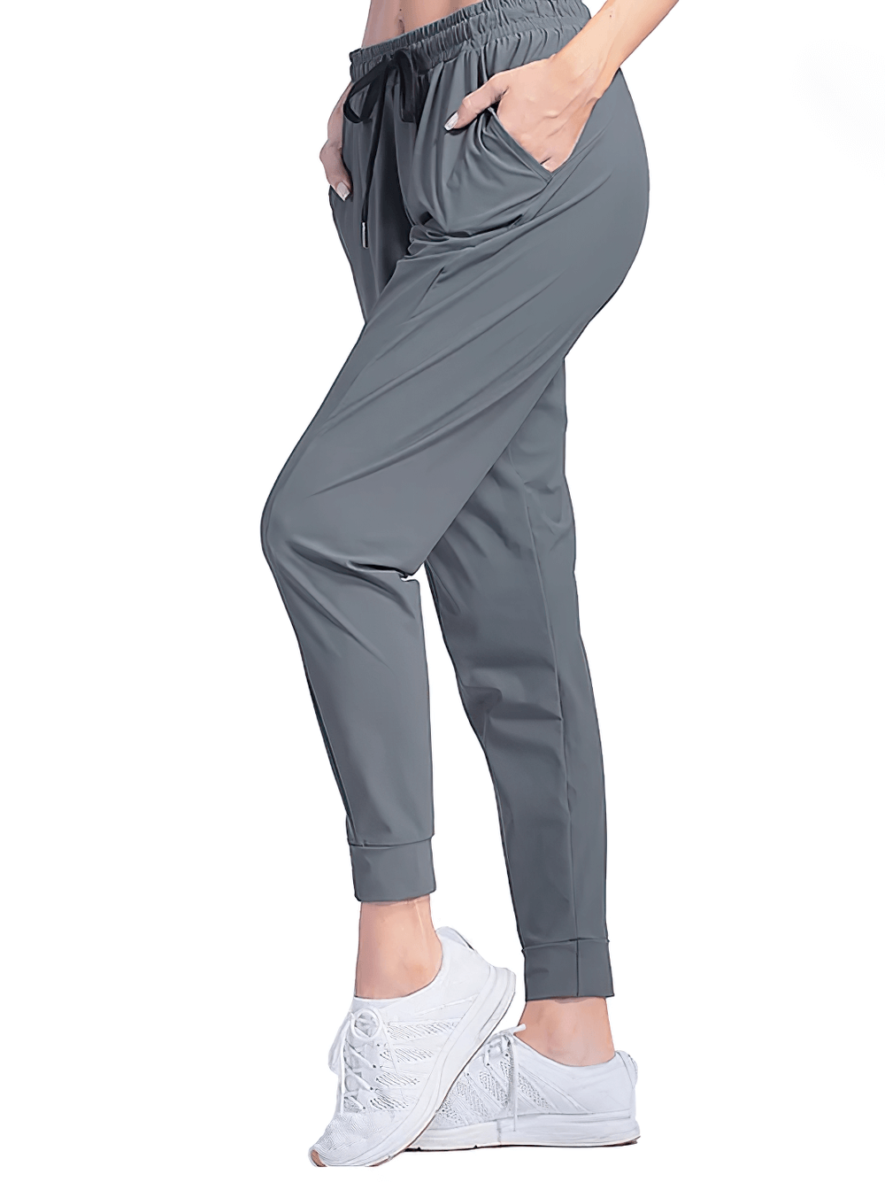 Alt Tag: Quick-Dry Women's Running Pants with Pockets - SF4395 gray tapered jogger pants with side pockets, elastic waist, cuffed ankles