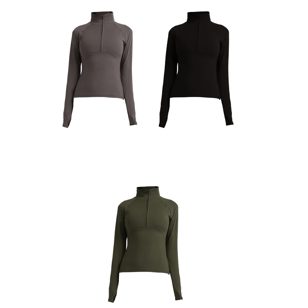 Quick-Dry Yoga Shirt with Long Sleeves and Half-Zip in three colors; breathable activewear made of nylon and spandex for fitness enthusiasts.