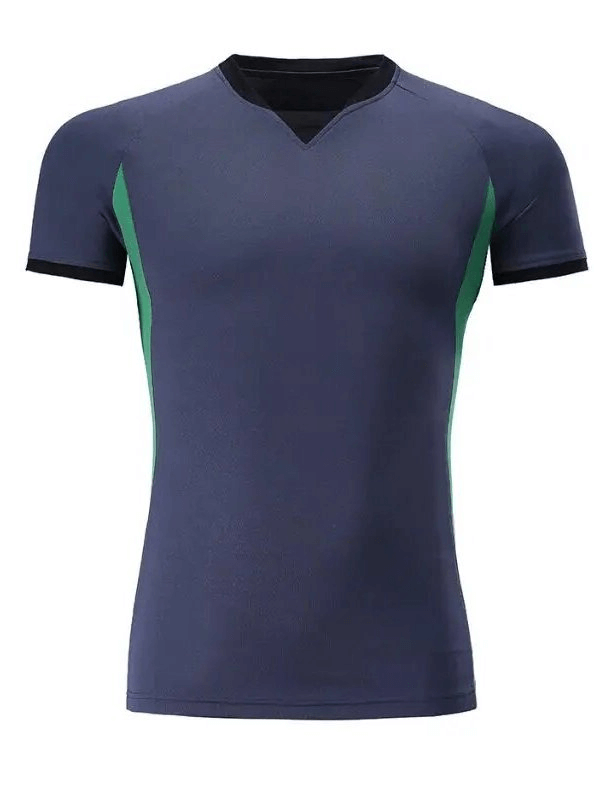 Men's quick-drying elastic sports T-shirt in navy and green, short sleeve, polyester, anti-pilling, breathable.