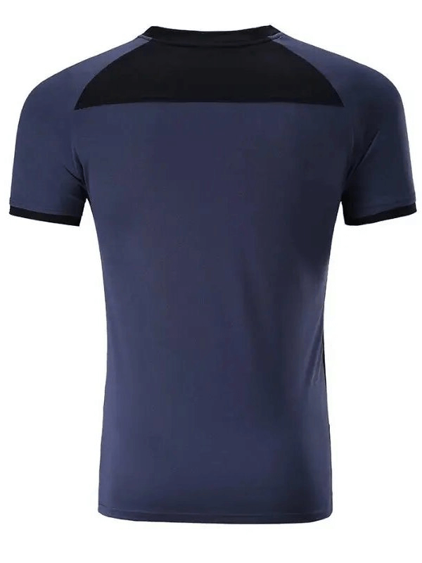 Back view of navy Quick-drying Elastic Sports Men's T-shirt - SF1772, featuring short sleeves and breathable polyester fabric.