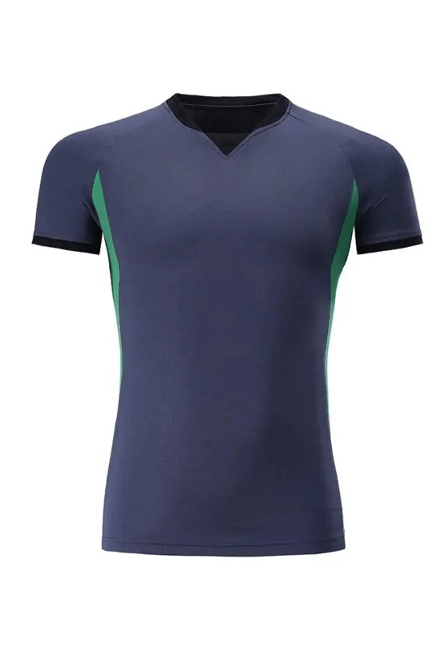Quick-drying men's sports T-shirt, navy blue with green accents, short sleeve, breathable polyester, anti-wrinkle, SF1772 model.