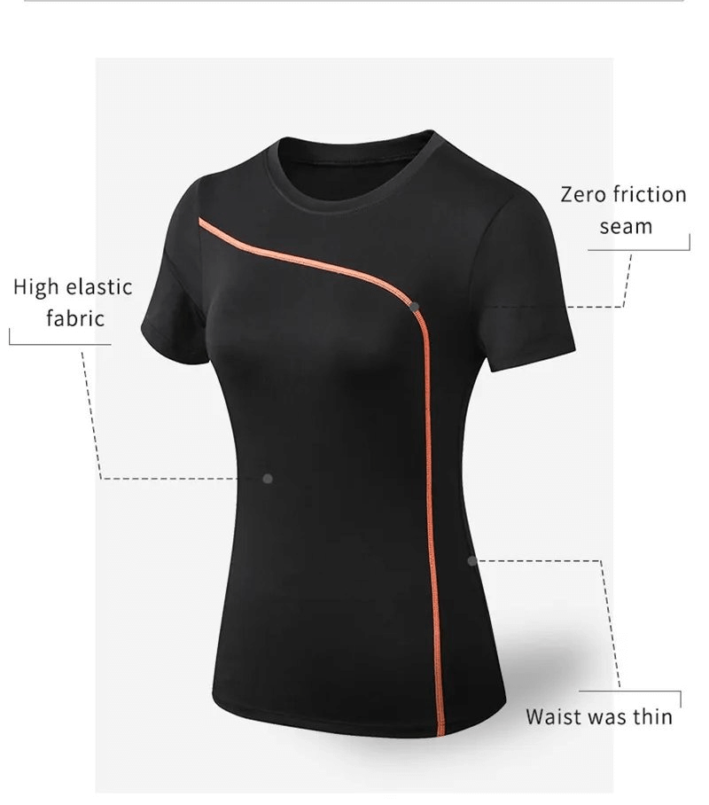 Black quick-drying women's T-shirt with high elastic fabric, zero friction seam, and slimming waist design for active pursuits.