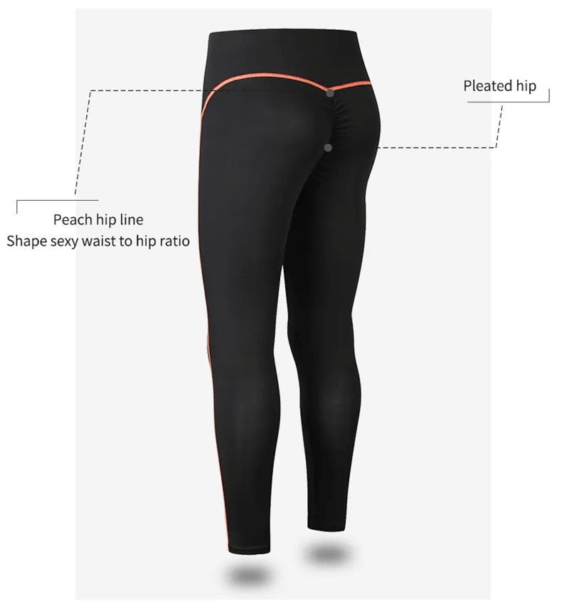 Black leggings with peach hip line and pleated design, shape sexy waist-to-hip ratio, perfect for yoga and workout.