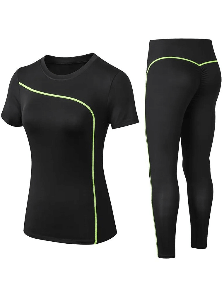 Quick-drying black women's leggings and T-shirt set with neon accents, ideal for yoga and active wear, model SF1729.
