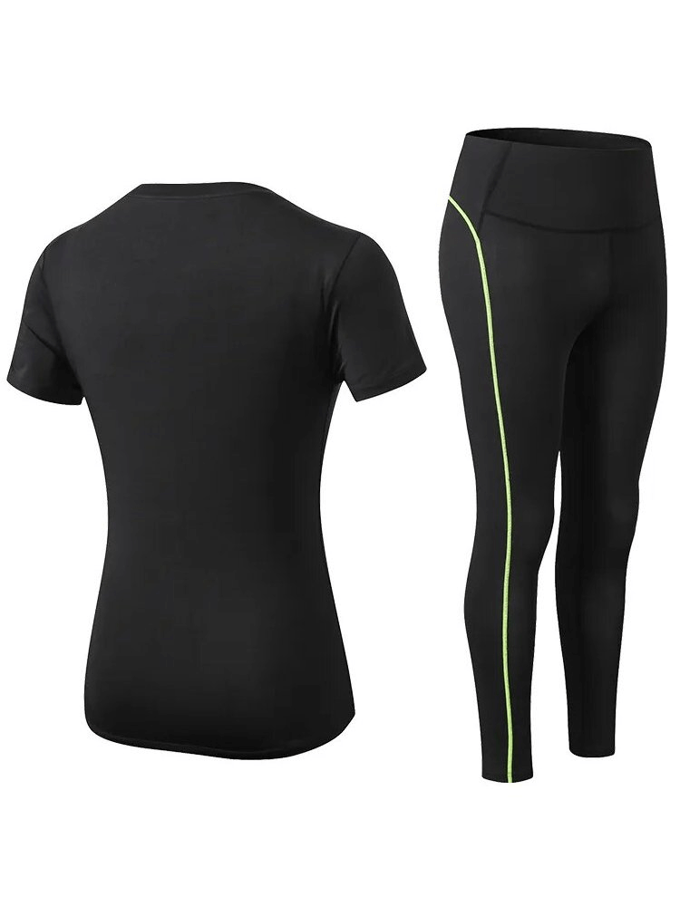 Quick-drying elastic women's leggings and T-shirt set in black with stripe detail for yoga and active pursuits.