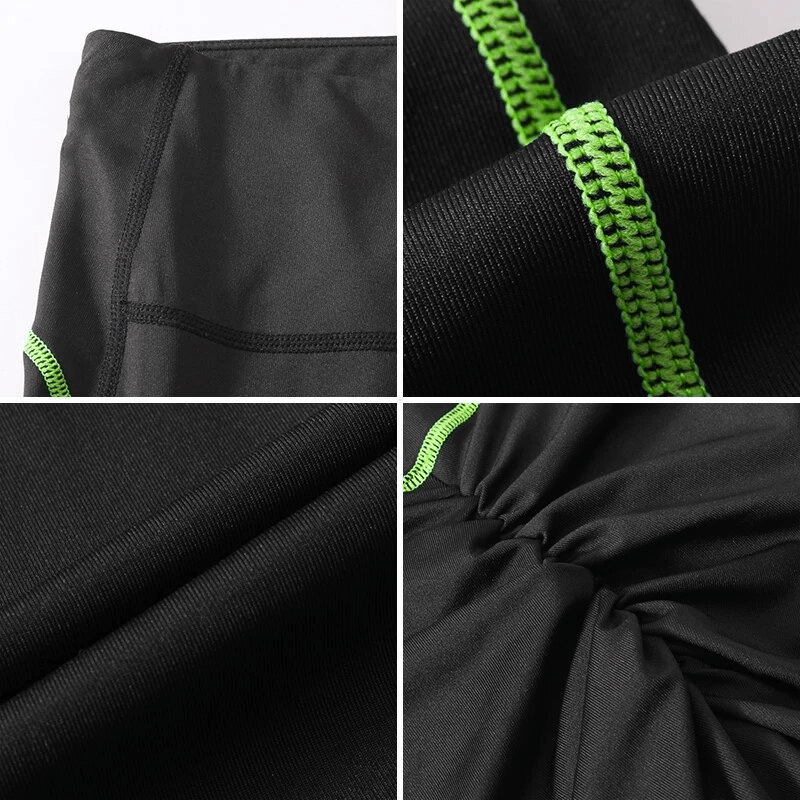 Close-up of quick-drying elastic women's leggings and t-shirt with green stitching detail, perfect for active wear.