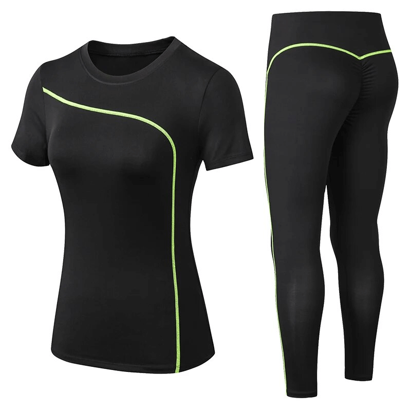 Quick-drying women's leggings and T-shirt set with striped design for yoga and active wear, color black with green accents - SF1729.