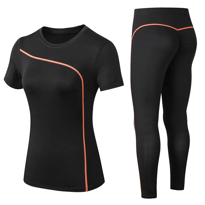 Quick-drying elastic women's black leggings and T-shirt set with orange stripes, ideal for yoga and fitness, SF1729.