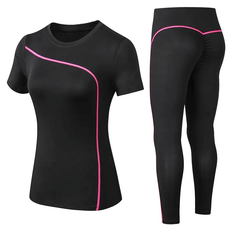 Quick-drying elastic women's leggings and T-shirt set, black with pink stripes, perfect for yoga and active pursuits.