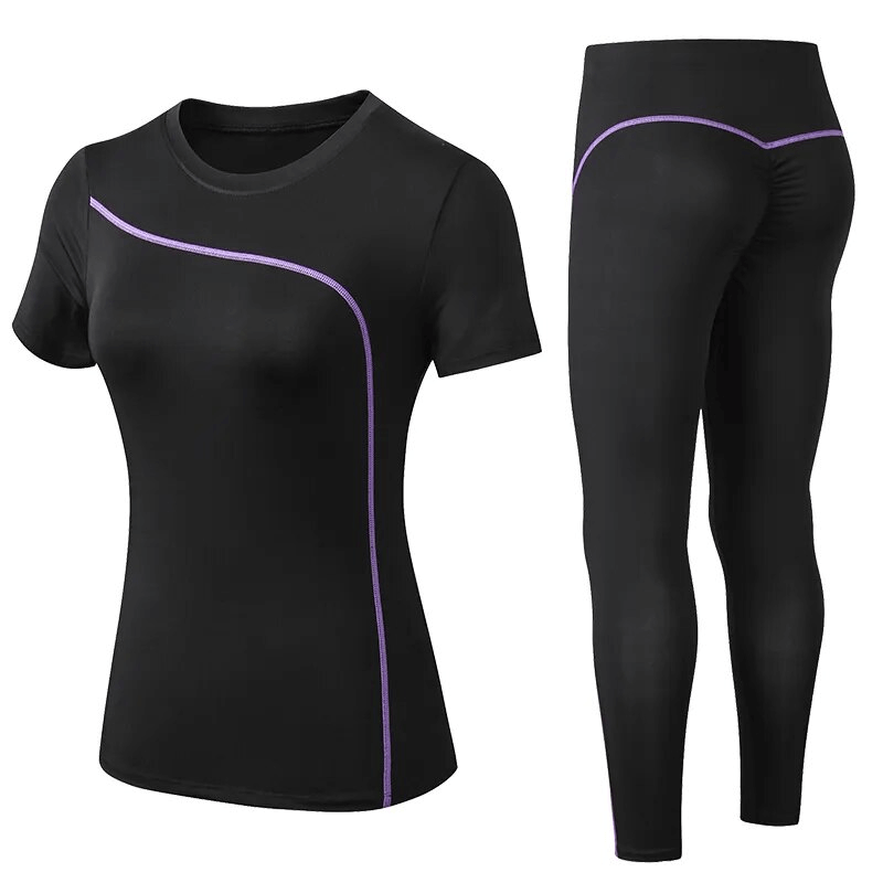 Black quick-drying women's leggings and T-shirt set with purple stripes, perfect for yoga and workouts, lightweight polyester