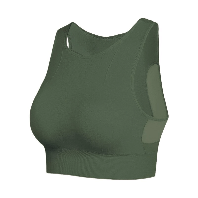 Quick-Drying Elastic Women's Sports Bra SF1301 with mesh back, ideal for fitness enthusiasts, in olive green color.