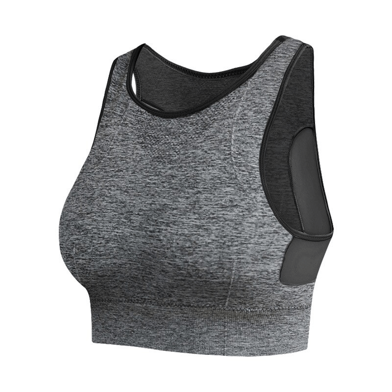 Quick-Drying Elastic Women's Sports Bra in gray and black with a mesh back design, perfect for training, SF1301.
