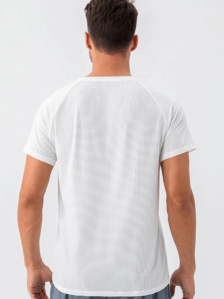 Back view of a white mesh sports men's t-shirt, designed for quick-dry and comfort during training. Perfect for athletes. Model SF1725.