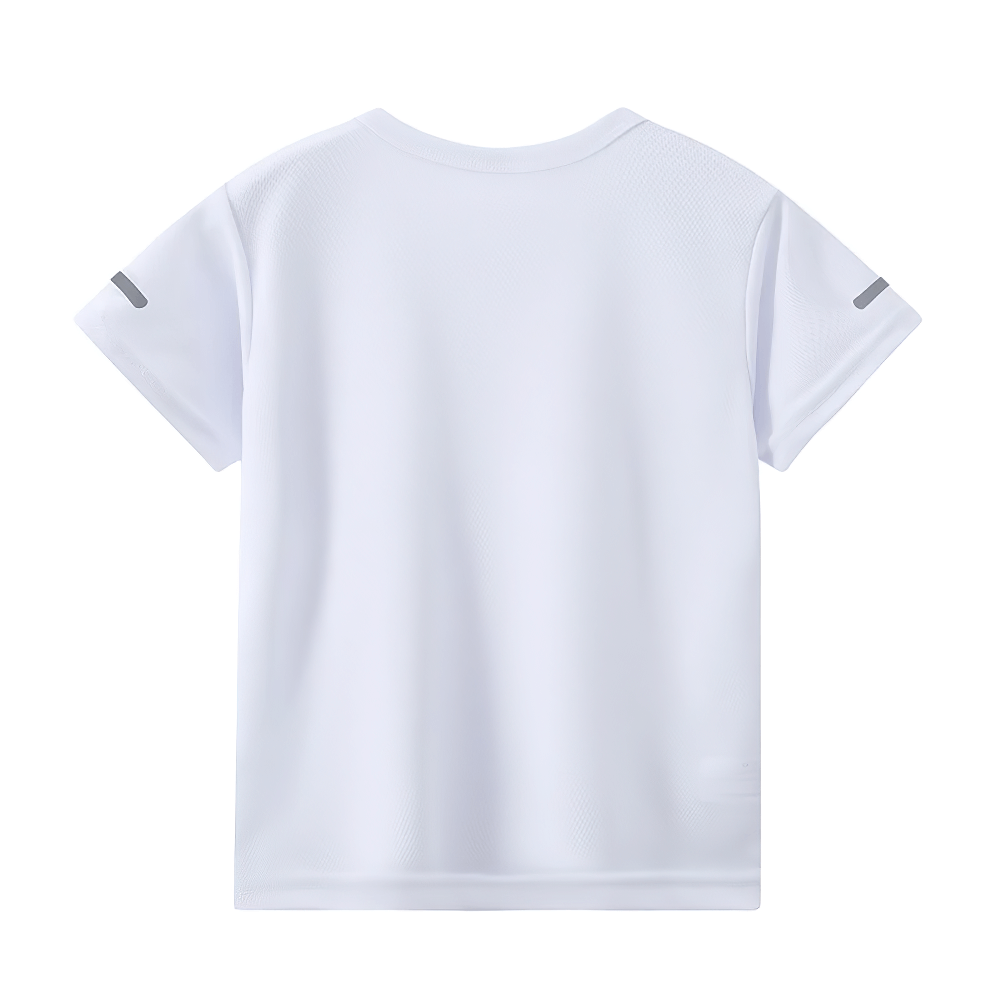 White quick-drying performance short-sleeved T-shirt for sports, featuring breathable, moisture-wicking fabric perfect for workouts
