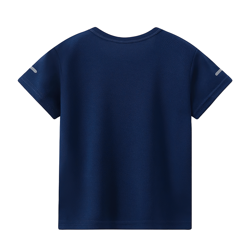 Navy blue quick-drying performance short-sleeve T-shirt for sports, featuring breathable, moisture-wicking fabric for workouts.