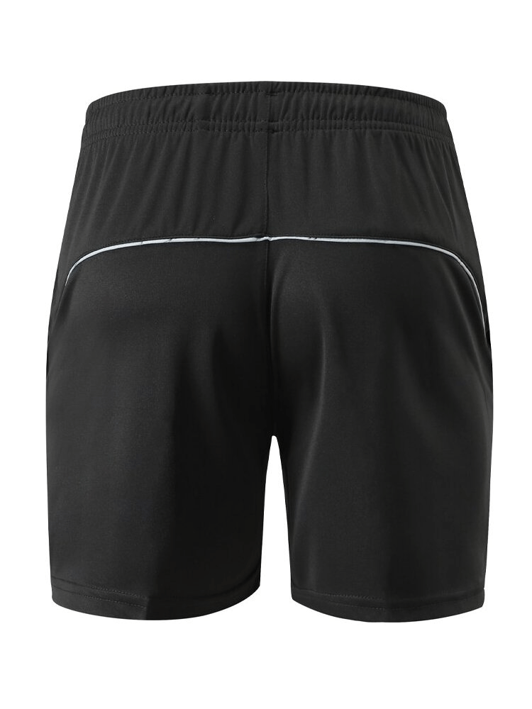 Back view of black quick-drying men's sports shorts with side pockets, highlighting lightweight and moisture-wicking fabric.