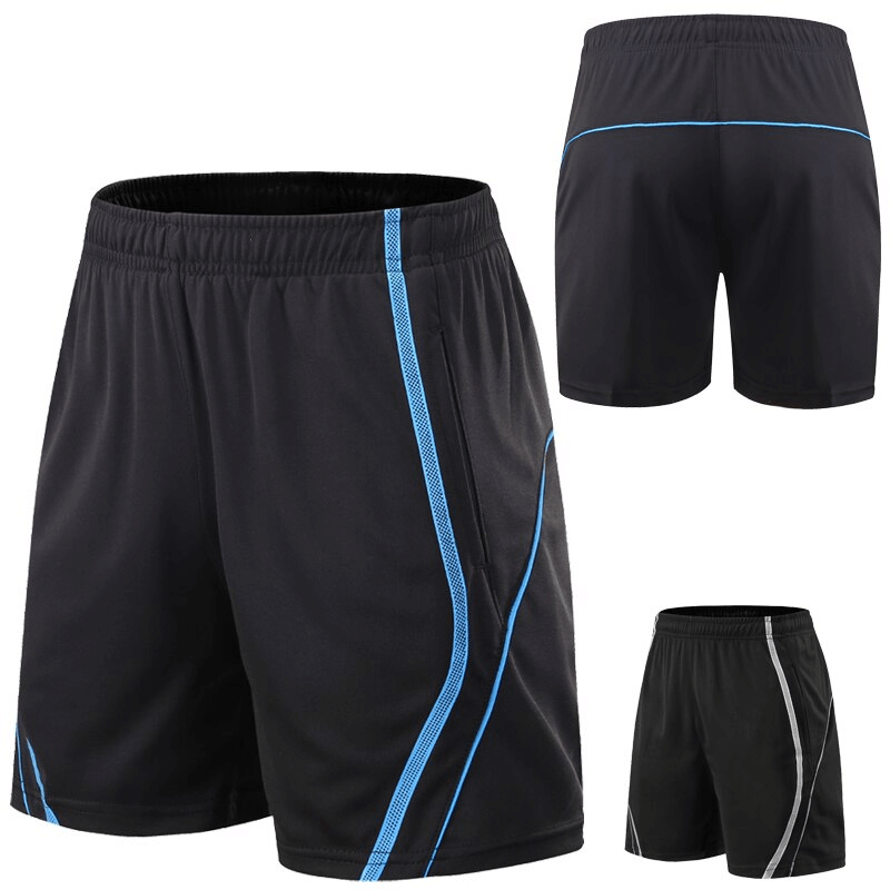 Black quick-drying men's sports shorts with blue side pockets, SF1462 model showcasing lightweight fabric for running.
