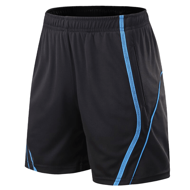 Black quick-drying men's sports shorts with blue side pockets, lightweight for running, featuring a flexible cotton-spandex blend.