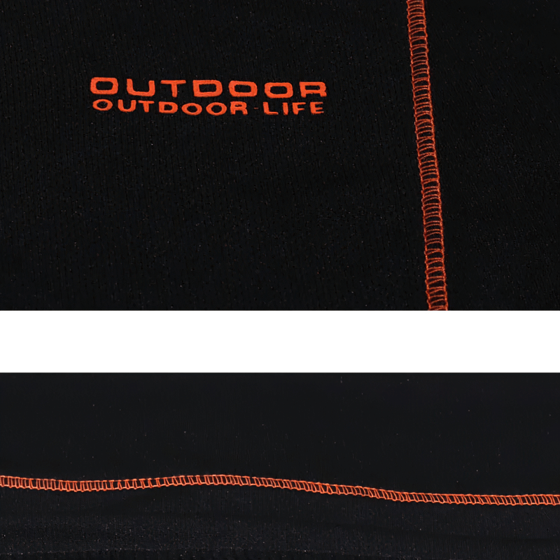 Close-up of black fabric with orange 'Outdoor Life' embroidery and stitching on apparel, highlighting durability and design.