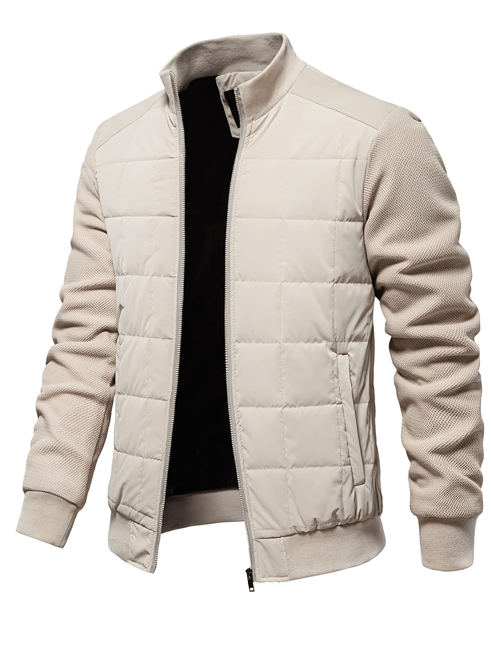 Men's quilted jacket with textured sleeves and zipper, fleece-lined, stand collar, ribbed cuffs, beige color, stylish and warm