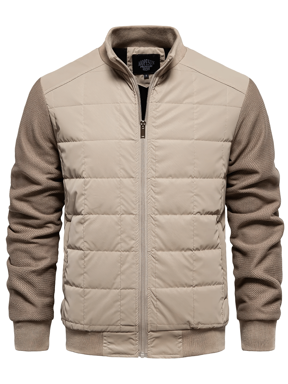 Men's quilted jacket with textured sleeves, stand collar, and zipper. Stylish, warm fleece-lined puffer for casual or semi-formal wear.