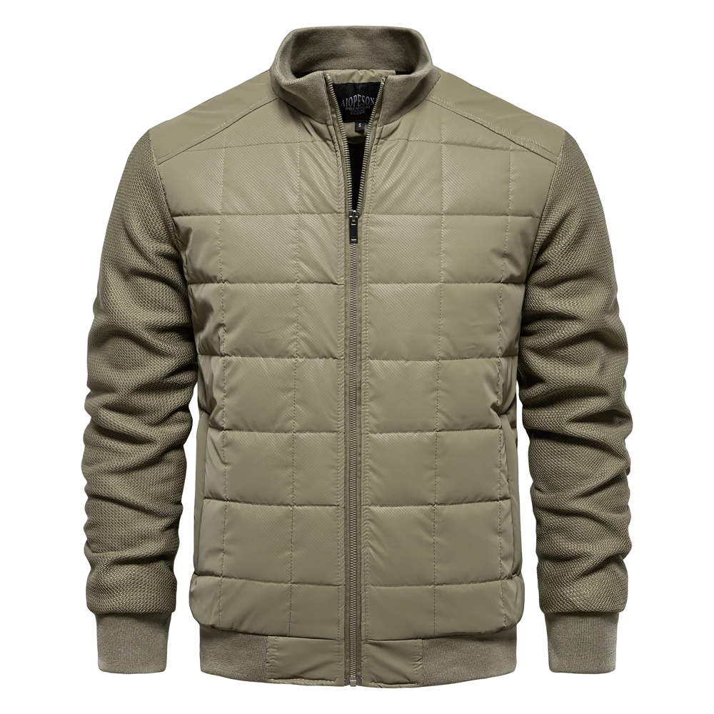 Men's quilted puffer jacket with textured sleeves and zipper, featuring a stand collar and ribbed cuffs in a sleek design.