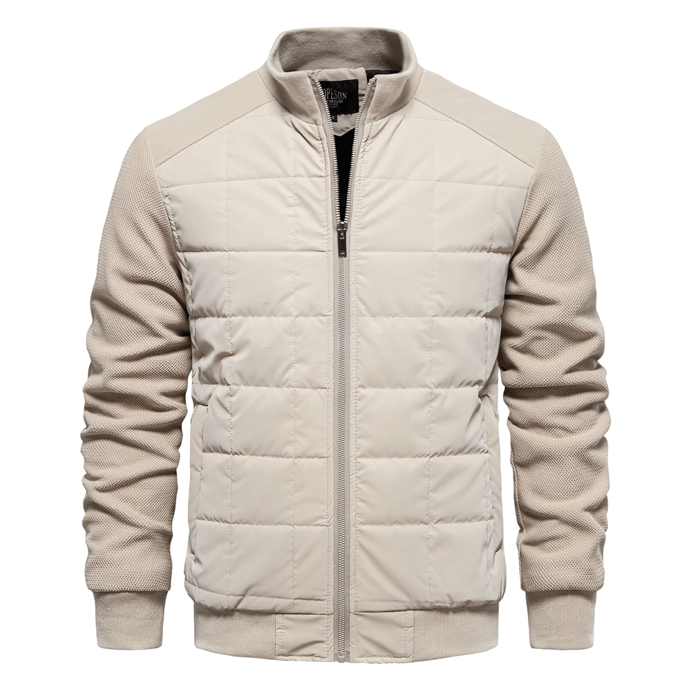 Men's quilted puffer jacket with textured sleeves, full-zip, and stand collar. Warm, fleece-lined design for casual or semi-formal wear.