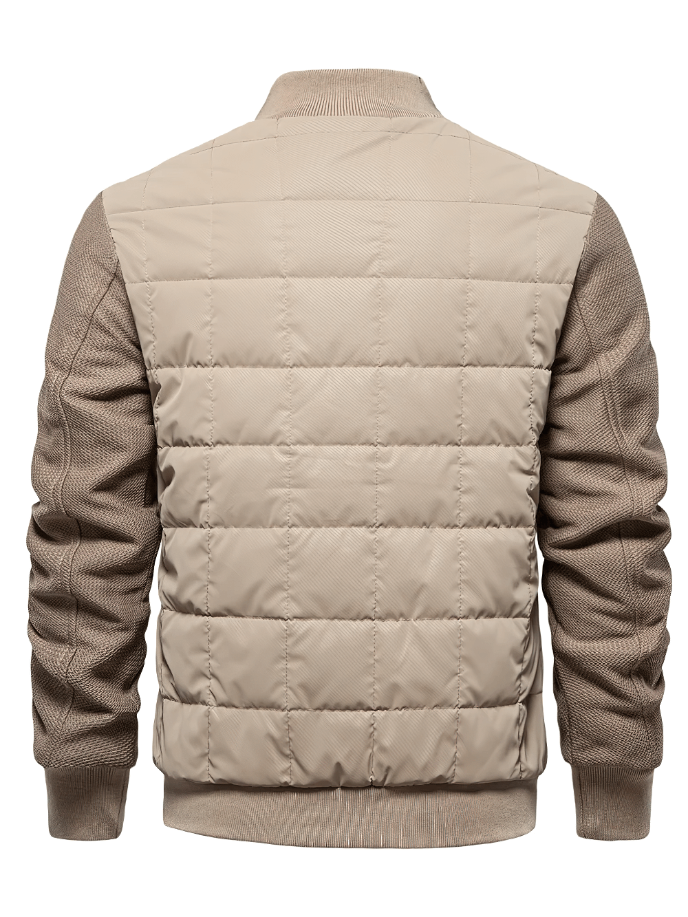 Back view of men's quilted jacket with textured sleeves and stand collar, showcasing its sleek and modern design, ideal for layering.