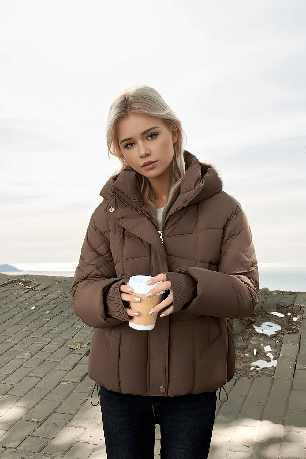 Woman in chic beige quilted hooded jacket with ribbed cuffs, holding a coffee outdoors on a cloudy day.