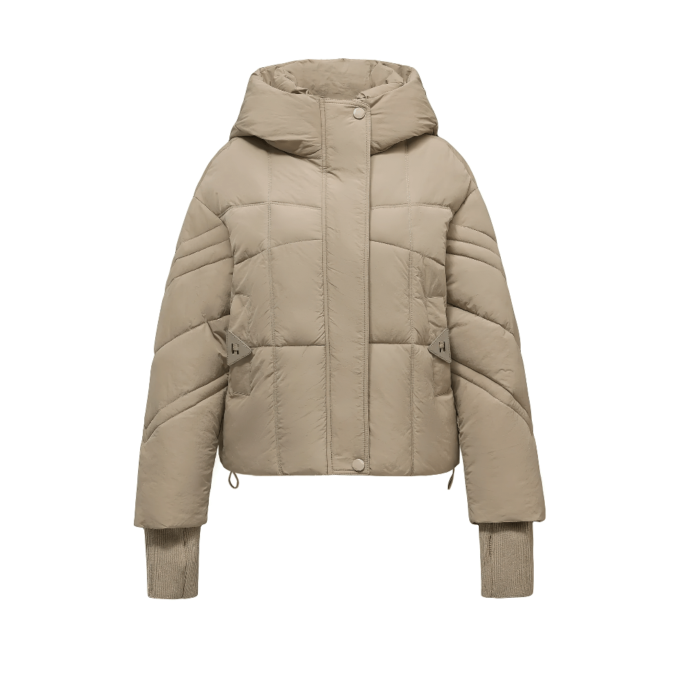 Chic quilted jacket for women with hood and ribbed cuffs, beige, warm padded design, perfect for winter style and functionality.