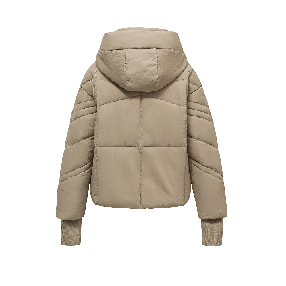 Beige quilted hooded jacket with ribbed cuffs and padded design, perfect for stylish and warm winter wear.