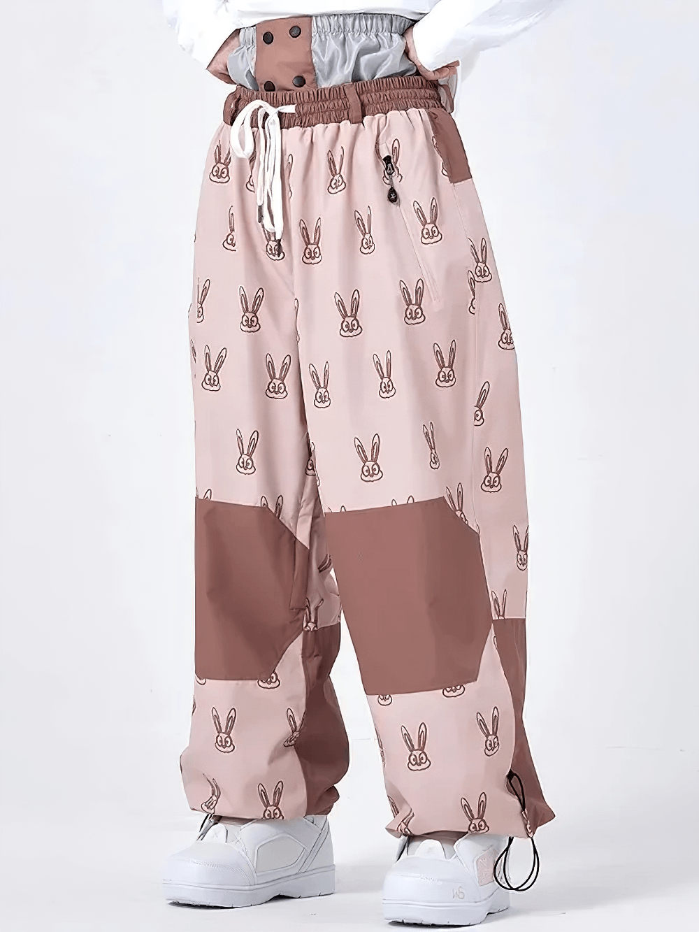 Rabbit Print Cargo Pants with Adjustable Waist - SF4278 in a playful rabbit pattern on a light pink background.
