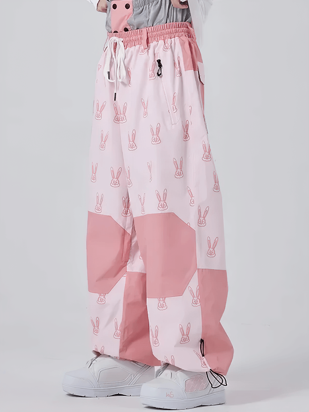 Rabbit Print Cargo Pants with Adjustable Waist - SF4278 in pink and white, featuring rabbit patterns and adjustable waistband.