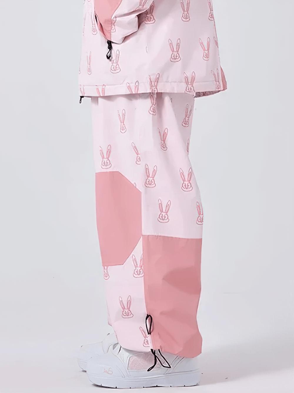 Side view of Rabbit Print Cargo Pants with Adjustable Waist - SF4278 in pink and white featuring playful bunny motifs.